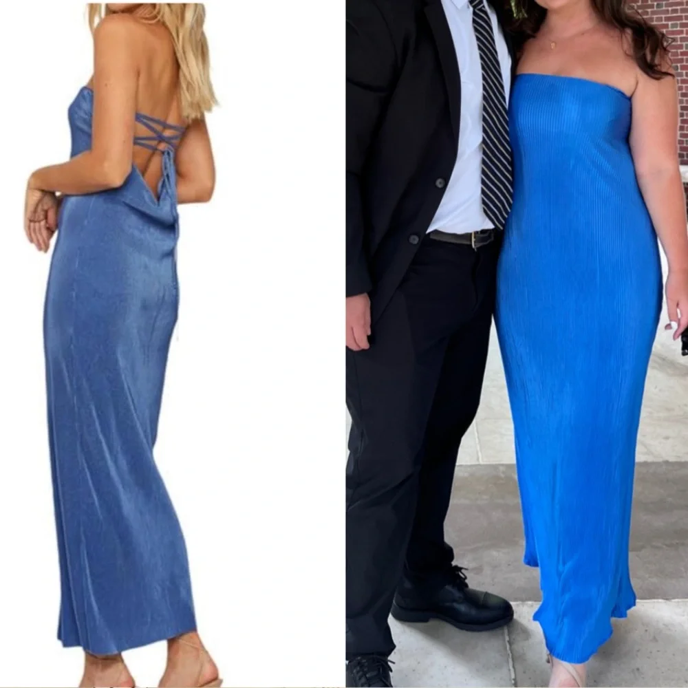 Blue Strapless Tie Back Pleated Wedding Guest Maxi Dress - Picture 1 of 2